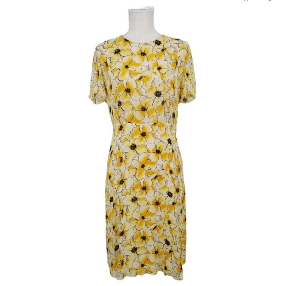 Vintage Hugo Buscati 100% Silk Yellow Floral Dress Women’s Size 10